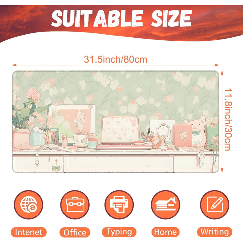 Tapis de bureau de style kawaii animé, grand tapis de souris de jeu vert mignon pour bureau, 90,3 x 40 cm, avec base antidérapante et bords cousus.