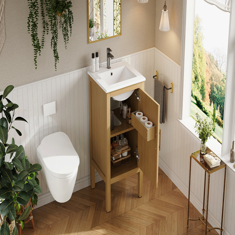 Armoire de salle de bain 18 po avec rangement, solution pour petit espace avec lavabo en céramique, tablette réglable, charnières à fermeture en douceur