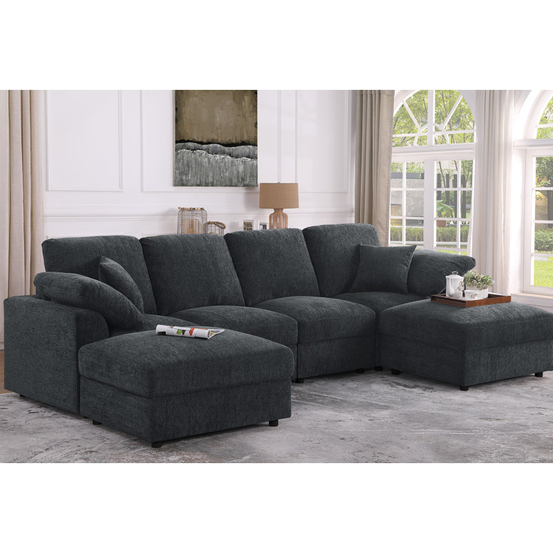 Sectional Sofa With 2 Ottomans, Dark Gray