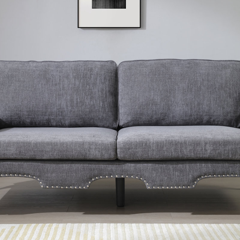 Velvet Sofa with Wooden Legs & Crystal button and Copper Nail, Tufted Backrest, 35" H x 80" W x 34" D, 3, Gray Linen
