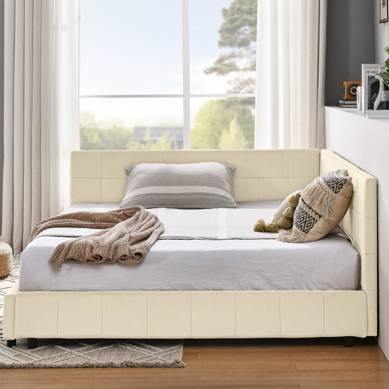 Lit tapissier double en velours avec pour une chambre à coucher élégante et un salon, lit de jour confortable, Beige