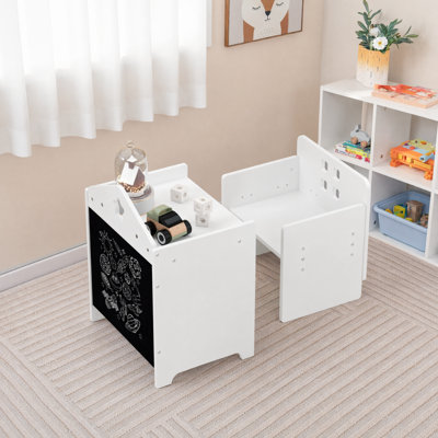Kids Table & Chair Set, 2 in 1 Toddler Activity Table with Chalkboard Tabletop, Wooden Children Play Desk for Drawing, Reading, Eating, Playroom Bedroom Nursery Furniture