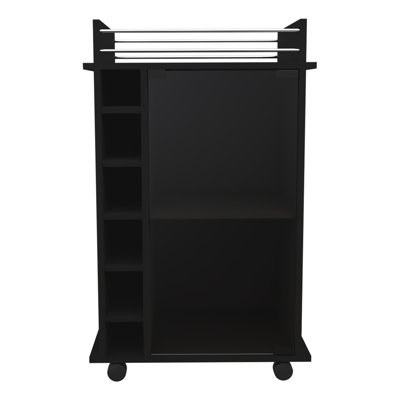 Vegas Modern Bar Cart with Glass Door Cabinet and Six Open Cubbies, Black Particle Board Beverage Station