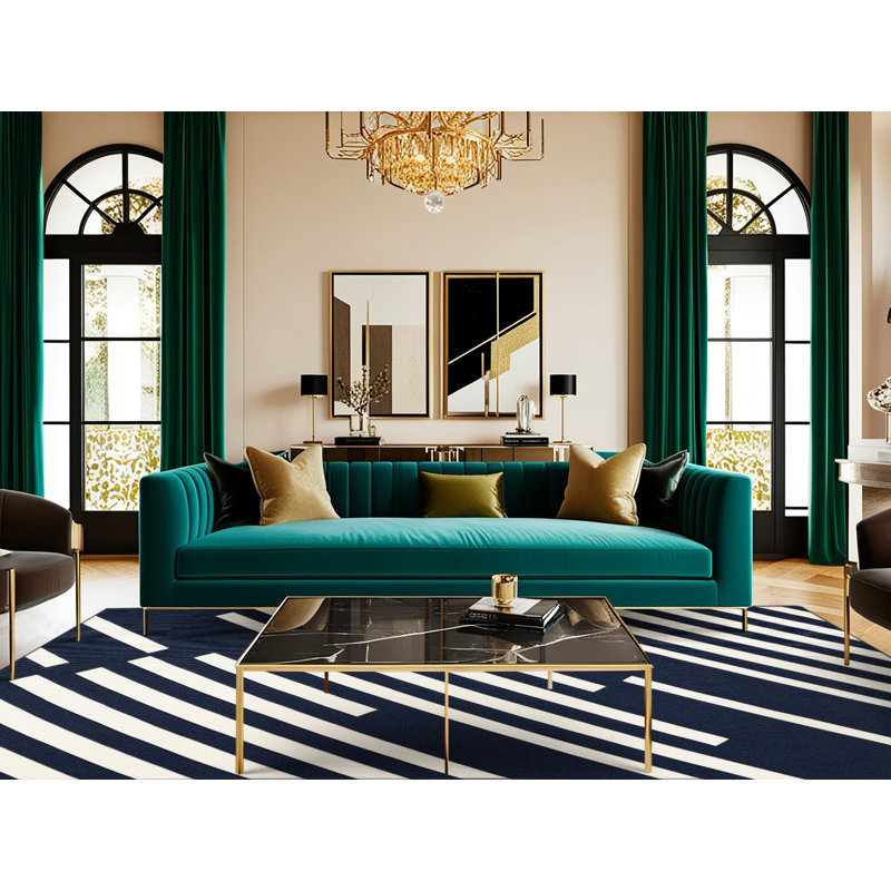  Tapis lavable rayé blanc marine, Rectangle 5 pi x 7 pi