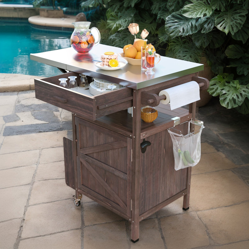 40.5" All-In-One Outdoor Grill Cart, Solid Wood & Stainless Steel Storage Cabinet With Drop-Leaf, Lockable Wheels & Towel Racks, Stylish Rolling Kitchen Cart For Patio & Garden