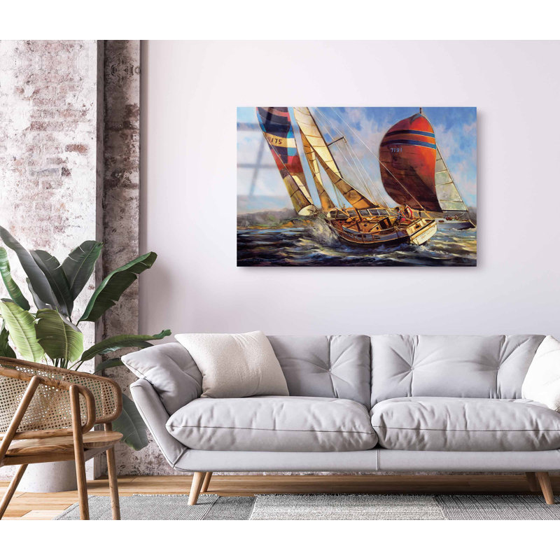 «Windy Course», voile sur bateaux, peinture sur toile sur plexiglas acrylique, art mural marin, L 45 po x H 30 po, Unframed