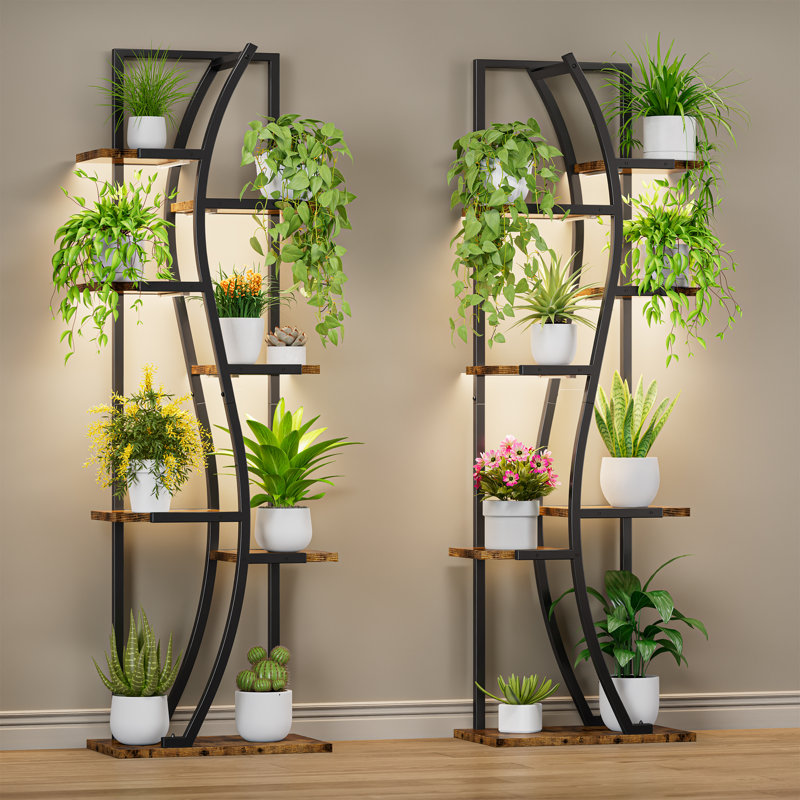 Nitya 62" Indoor Plant Stand With Grow Light, 7-tier S-shape Display Shelf Set Of 2 - Stylish Plant Holder For Home & Office