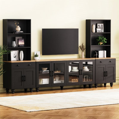 Black Media Console With Solid Wood Legs, Tv Stand For Up To 70" Screens, Tempered Glass Doors, Adjustable Shelves  Holistic Design Entertainment Cen