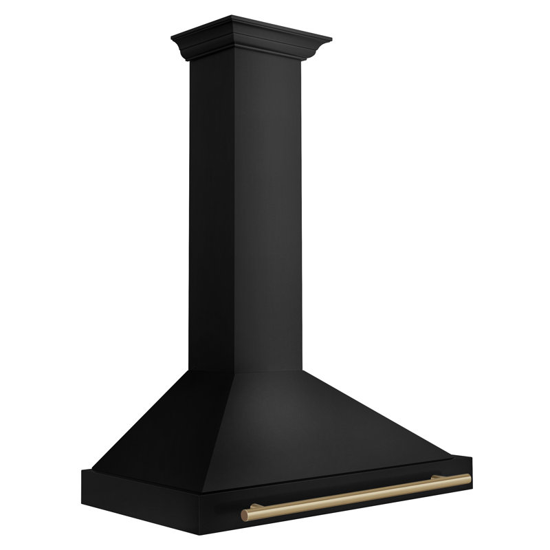 36'' Black Stainless Steel Wall Mount Range Hood with Champagne Bronze Handle