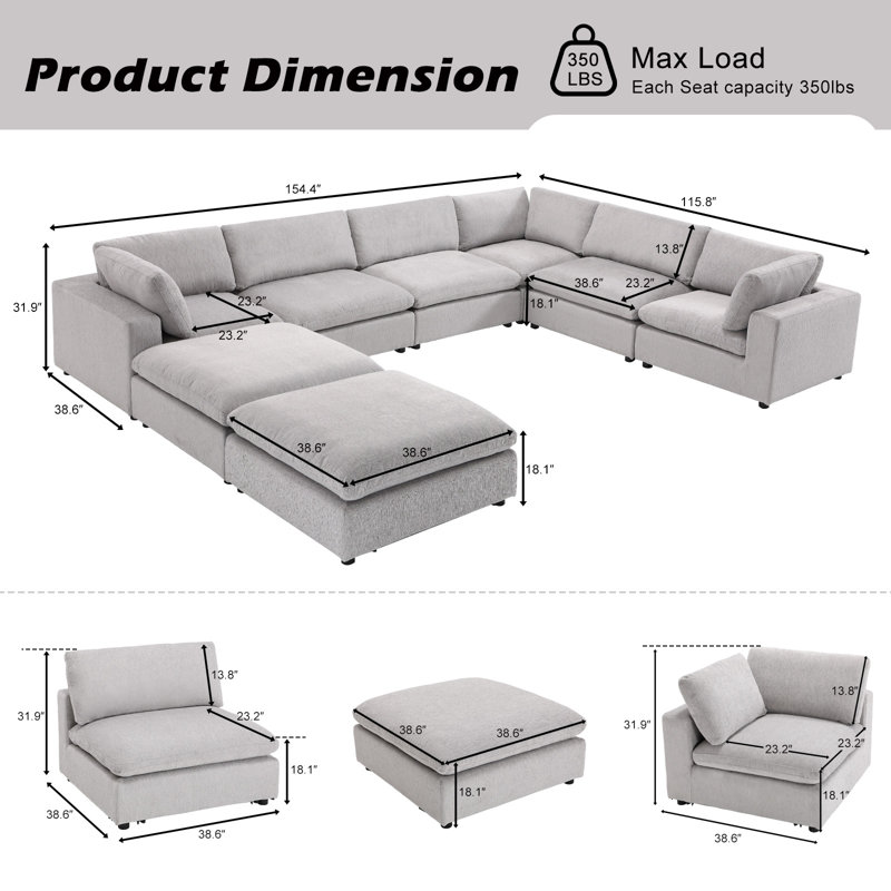 Canapé modulaire rembourré 8 pièces Nuccio, Gris clair