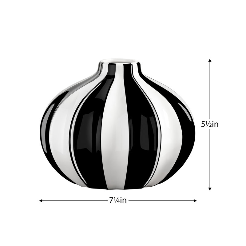  Gelb Black And White Striped Handmade Ceramic Vase (Round 5.5"), Overall Height - 5.5"