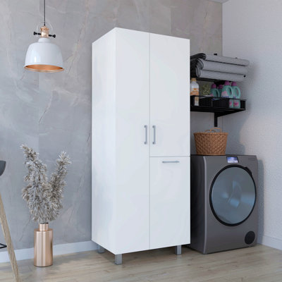 Iris 71" High Two-Door Broom Closet With Hamper, Four Shelves, Hangers, Storage Closet, Pantry Cabinet
