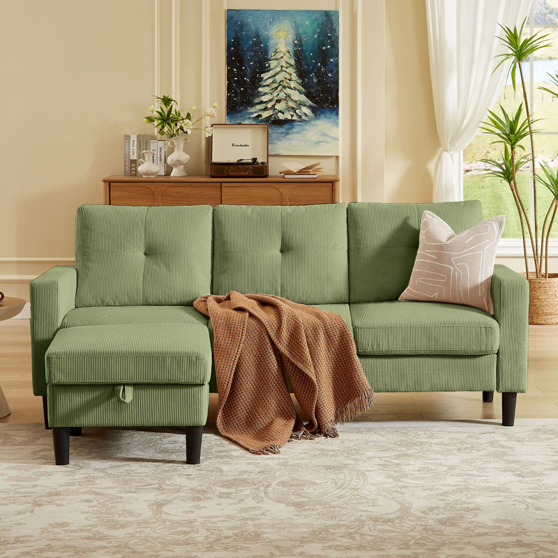 Corduroy Sectional Sofa with Storage Ottoman and Side Storage Pockets, Green Corduroy, 35.04" H x 79.14" W x 25.99" D