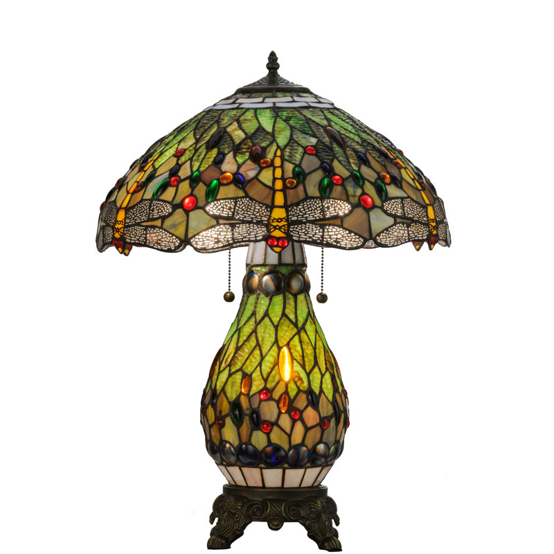 25" Mahogany Bronze Stained Glass Dragonfly Table Lamp