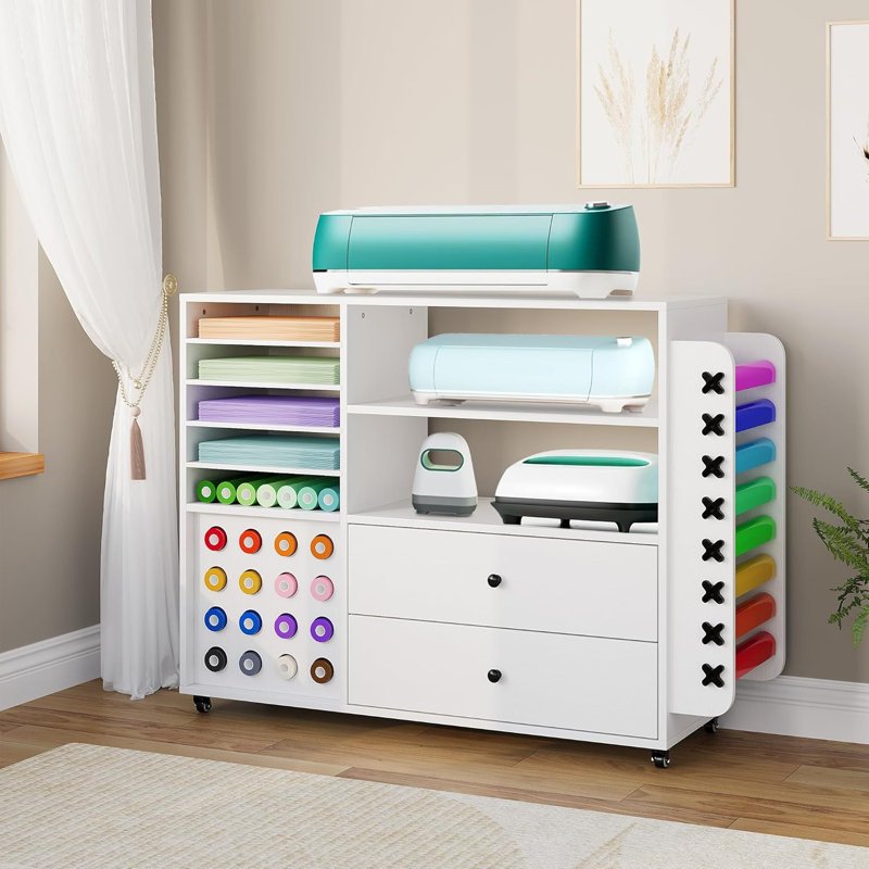 Craft Organization And Storage Cabinet ,Compatible With Cricut Machines Cricut Cart With 2 Drawers & 24 Vinyl Roll Holder, Craft Station Cricuts Accessories Storage Organizer