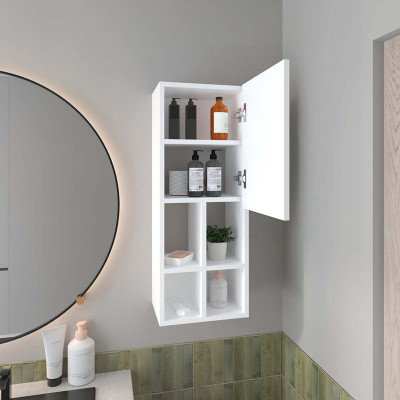 Armoire de salle de bain murale blanche avec porte et 4 tablettes ouvertes blanches
