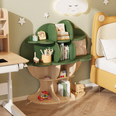 Genivive Tree Kids Bookshelf, Wood Bookcase, 12-Cubby Children Toy Storage Organizer Book Shelf, Baby Montessori Bookshelf and Toy Storage