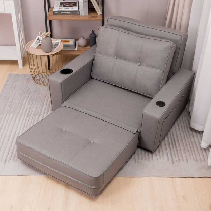 Fauteuil convertible capitonné l 41 po Cournoyer, Microfibre / microsuède bleu, Cuir Leath-air