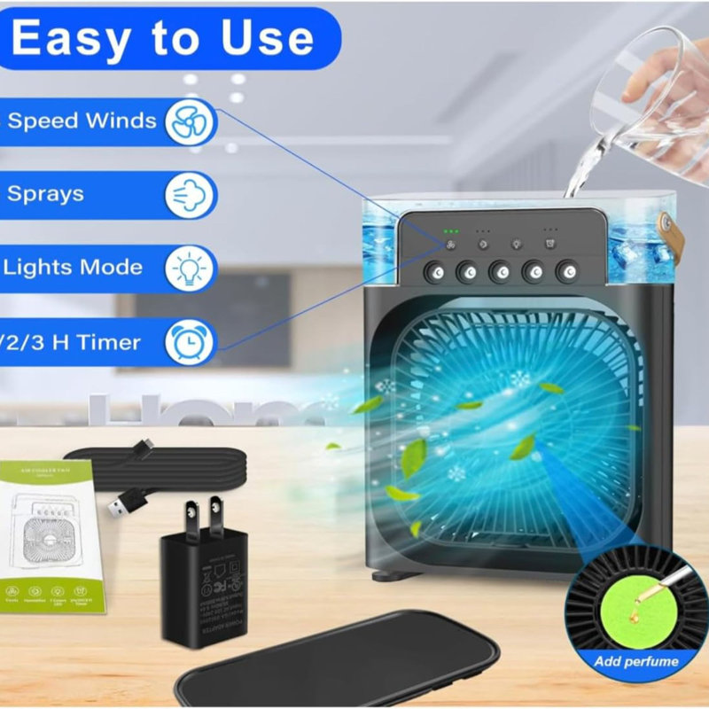 Ventilateur portatif à brumisation USB avec refroidissement réglable et minuterie (paquet de 2), Noir, noir, noir, noir