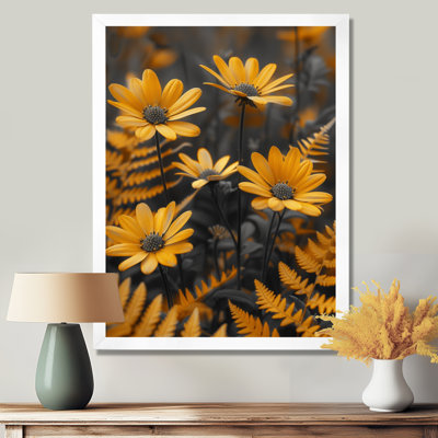 Monochromes jaunes et gris, fougères, beauté I - marguerite, impression d'art mural