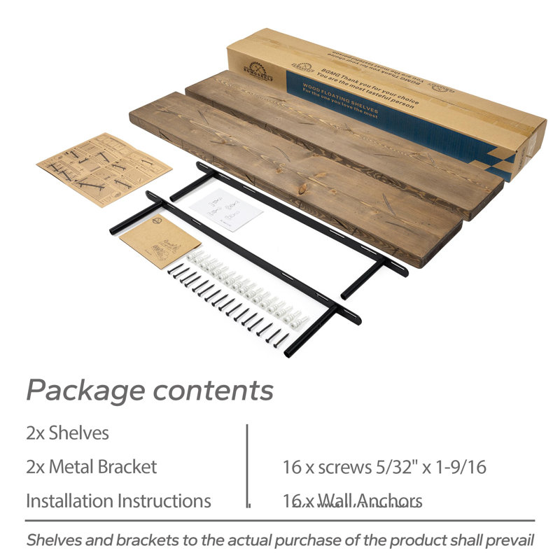 Solid Wood Floating Shelves，Rustic Wooden Wall Shelves, Distressed Walnut, 1.25" H x 36" W x 6.7" D