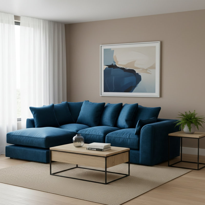 4 Seater Velvet Sofa & Chaise, Blue, Left