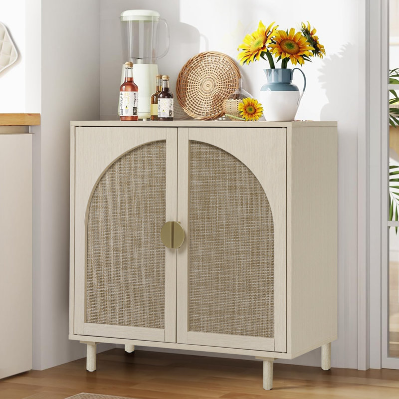 Modern Rattan Storage Cabinet, Black Wood Sideboard With Magnetic Latch,, White