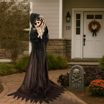 5.7 FT Halloween Animatronic Pumpkin Face Wizard, Sound Activated Outdoor Decoration with Moving Head, Red LED Eyes & Creepy Voice, Life-Size Haunted House Prop for Yard, Lawn & Party