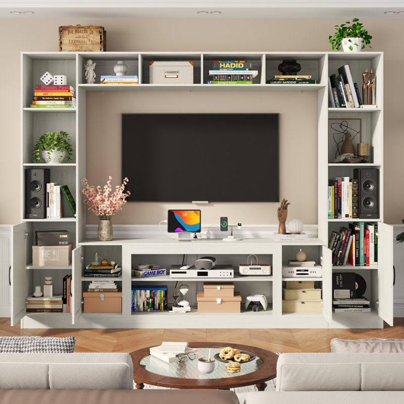 103" Entertainment Center/TV Stand For Tvs Up To 80" With Charging Station, Barn Door Cabinets, And Bookcase, White, No