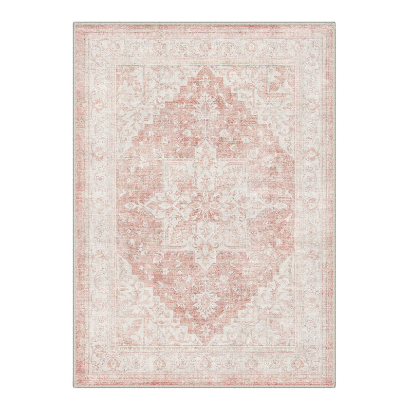 Tapis oriental ivoire / rose lavable à la machine avec envers antidérapant, Rectangle 9 pi x 12 pi
