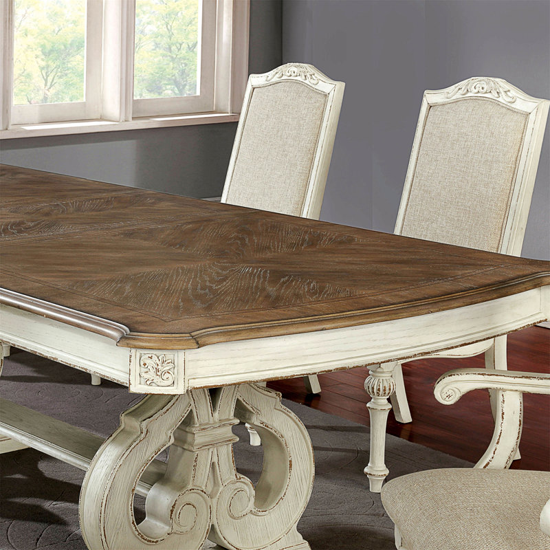 Ensemble de table de salle à manger blanc antique 9 pièces avec rallonges et 6 chaises latérales et 2 chaises avec accoudoirs en tissu ivoire