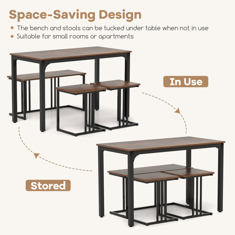 Ensemble de table de salle à manger 4 pièces avec banc et 2 tabourets