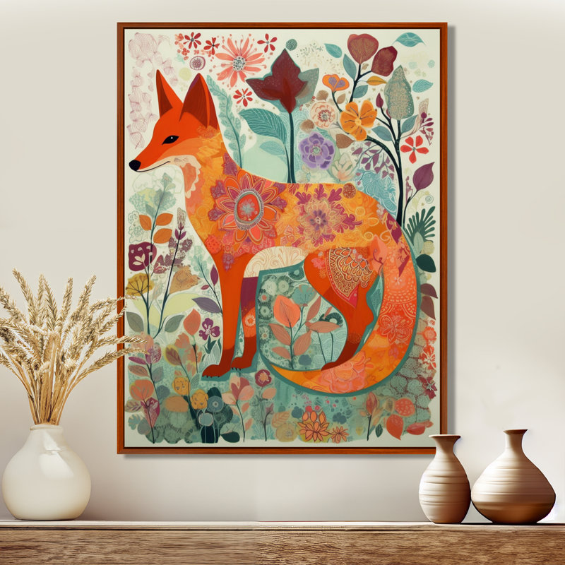 Boho renard dans une forêt de fleurs, Toile brune avec cadre flottant, H 32 po x l 24 po