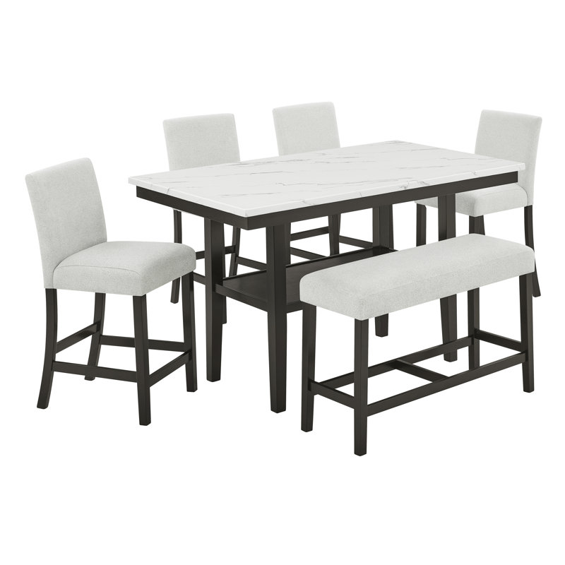 Ensemble de table de comptoir en bois 6 pièces Wyncote avec 4 chaises et banc, gris pierre