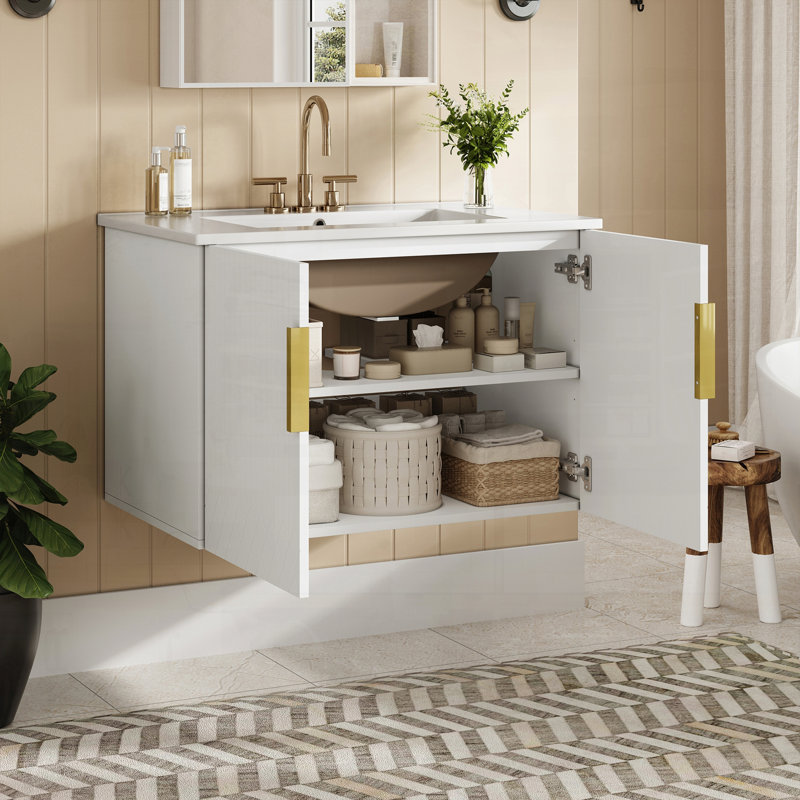 Meuble-lavabo rétro avec lavabo en céramique, Blanc