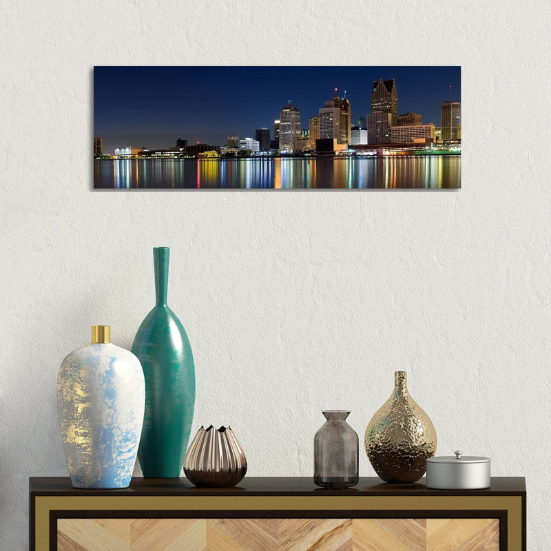 Buildings in a City Lit up at Dusk, Detroit River, Detroit, Michigan, USA 1 Piece Wrapped Canvas Panoramic Wall Art