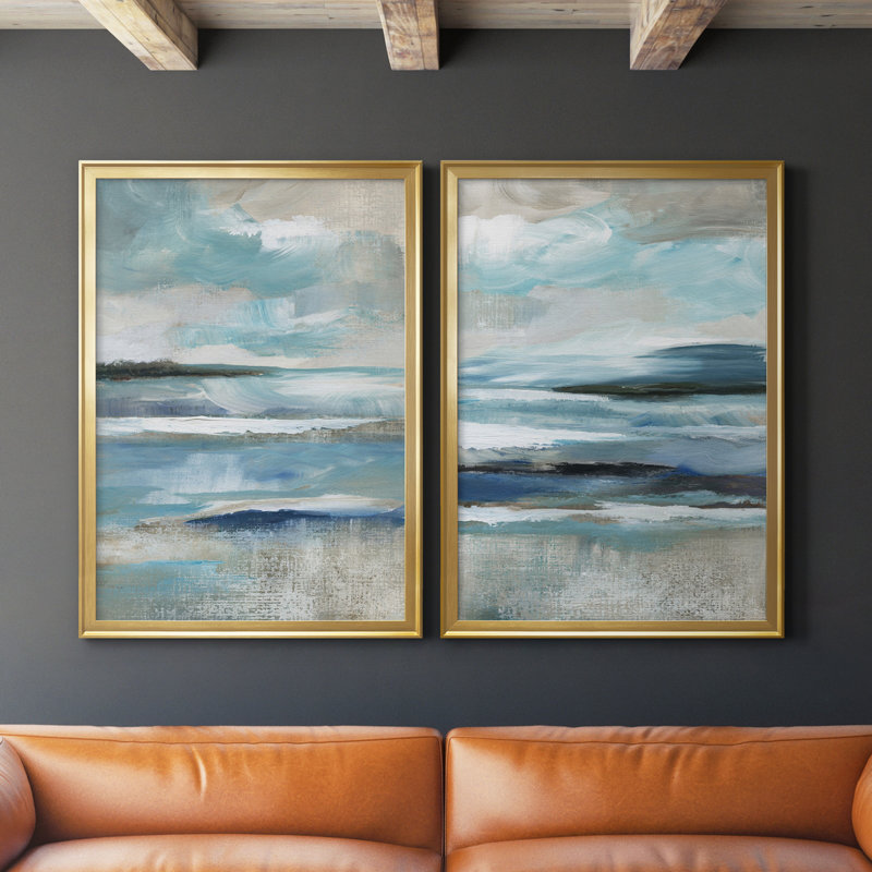 «Distant Drama I», ensemble de 2 peintures sur toiles, H 18,5 po x l 49 po, Toile encadrée, Doré