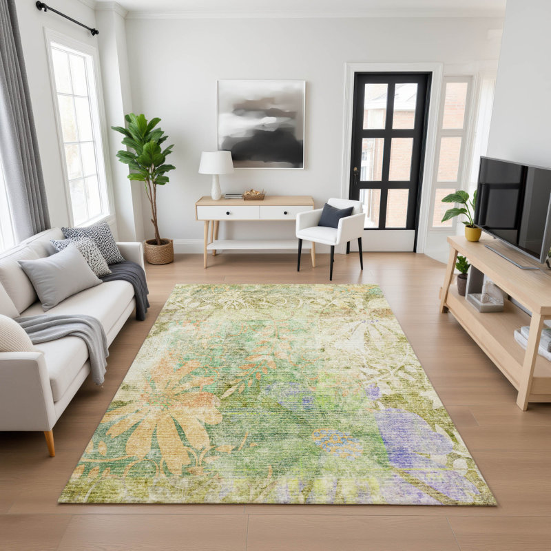 Premium Machine Washable Mayfield AMF2223 Floral Rug, Green, 3' x 5'