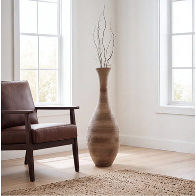 39.37 Inch Hand-Woven PVC Rattan Floor Vase, Beige & Grey Two-Tone Decorative Vase for Living Room, Farmhouse & Bohemian Home Decor