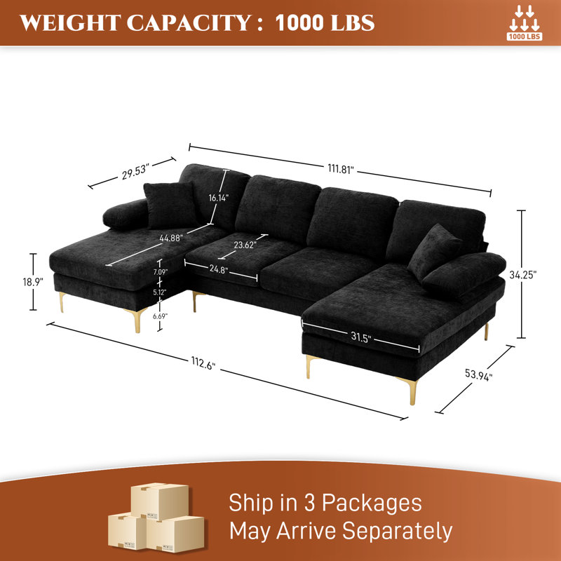 112.6 Inch U Shaped Chenille Sectional Sofa with Gold Metal Legs, Black Chenille