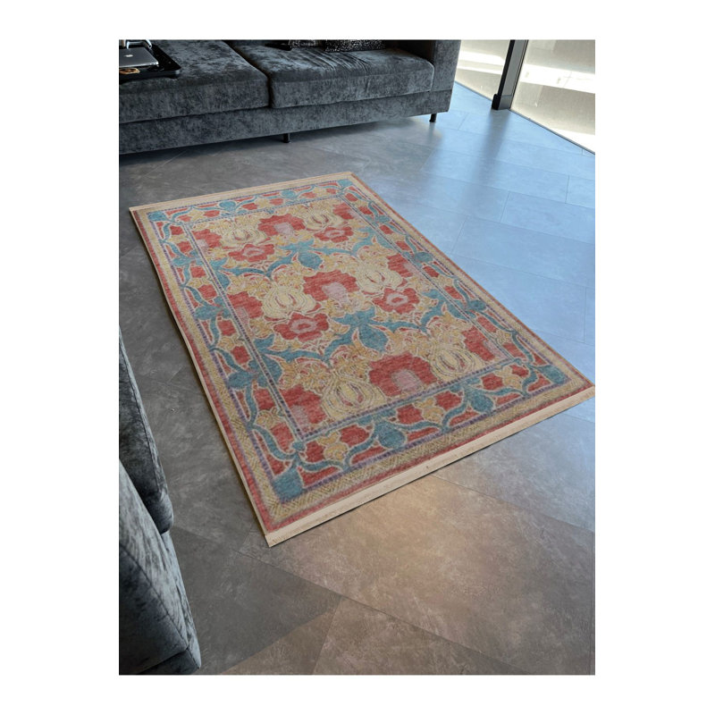Tapis décoratif beige à motif floral frangé et lavable à la machine, Rectangle 5 pi 1 po x 7 pi 7 po