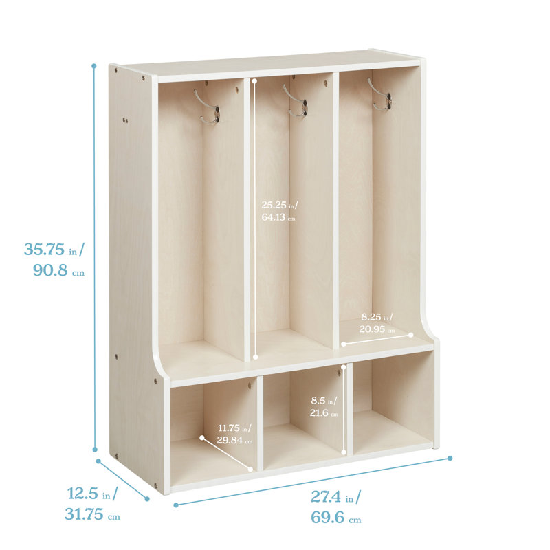 ECR4Kids Streamline 3-Section Toddler Coat Locker with Bench, Classroom Furniture, White Wash