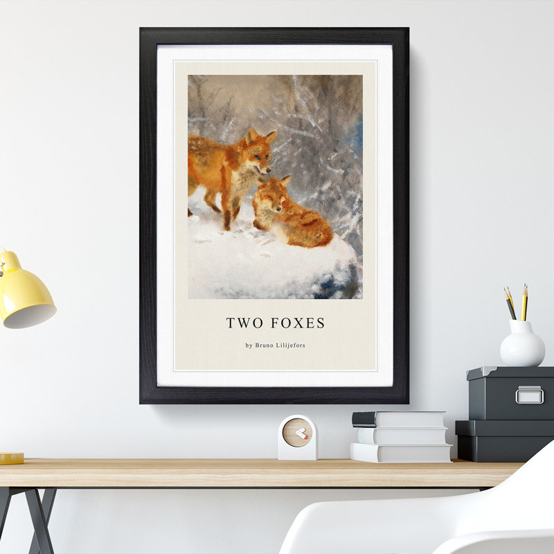 Two Foxes by Bruno Liljefors - Picture Frame Painting, 65cm H x 48cm W x 2cm D, Black Framed