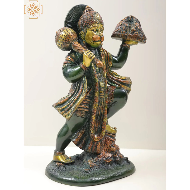 Handmade 15-Inch Brass Hanuman with Sanjeevani Mountain | Indian Spiritual Sculpture for Home Altar