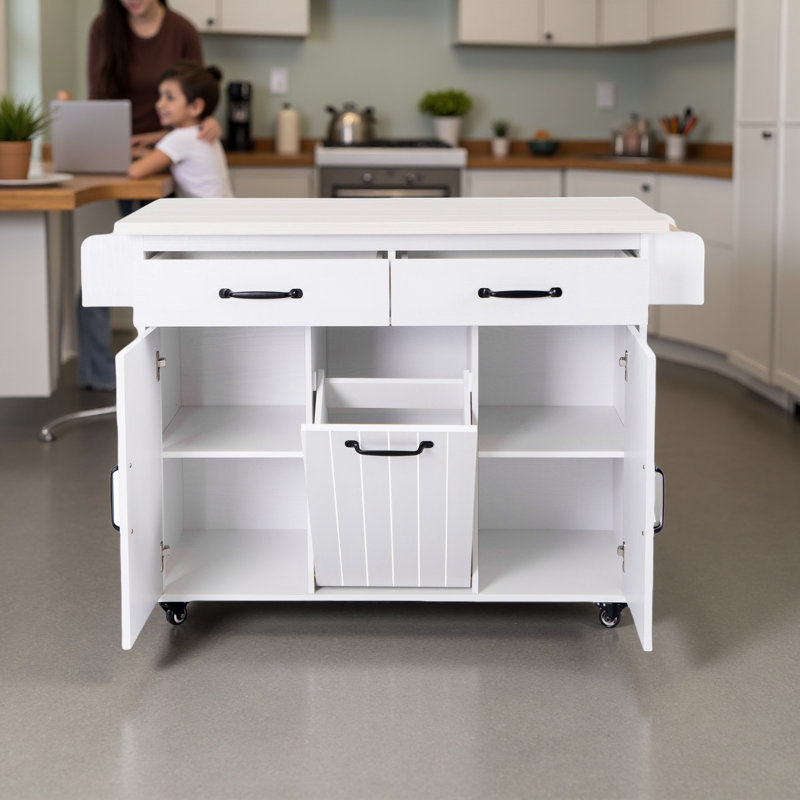 51" Kitchen Island Cart with Drop Leaf, Trash Can Storage Cabinet, Spice Rack & Wheels – Mobile or Stationary, White