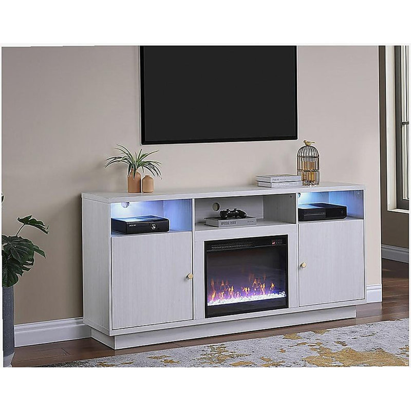 Console de meuble télé avec chauffeur, éclairage DEL, armoires, tablettes l 70 po Ambrogio, Blanc/noyer