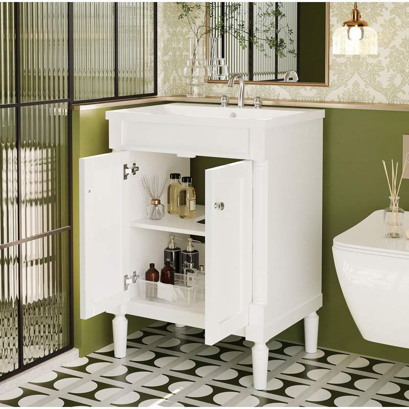Meuble-lavabo 24 po avec lavabo supérieur, meuble de rangement moderne à 2 niveaux, meuble-lavabo simple, grandes tablettes de rangement