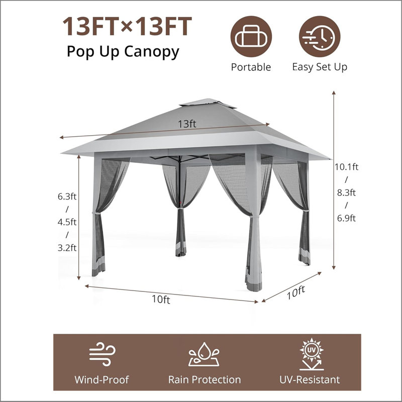 13X13 Pop Up Gazebo, Outdoor Canopy Tent With Mosquito Netting, [Adjustable Height & Spacious] Pop Up Tent With Double Roof, Uv-Resistant Outdoor Gazebo For Backyard, Patio, Lawn, Garden, Deck(Gray)
