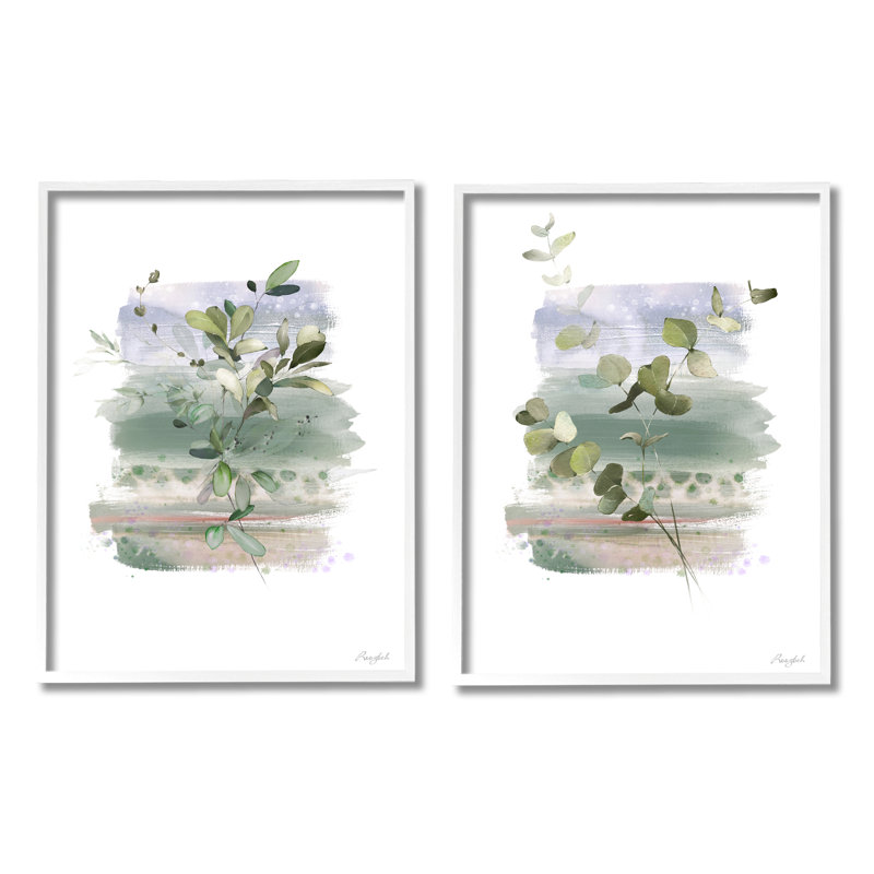 Branches botaniques modernes, impression sur bois 2 pièces, H 20 po x l 32 po x P 1,5 po, Giclée encadrée blanc bord de mer