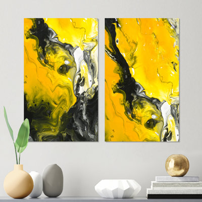 Jaune jaune noir et blanc liquide Art III - ensemble d'art moderne de 2 pièces